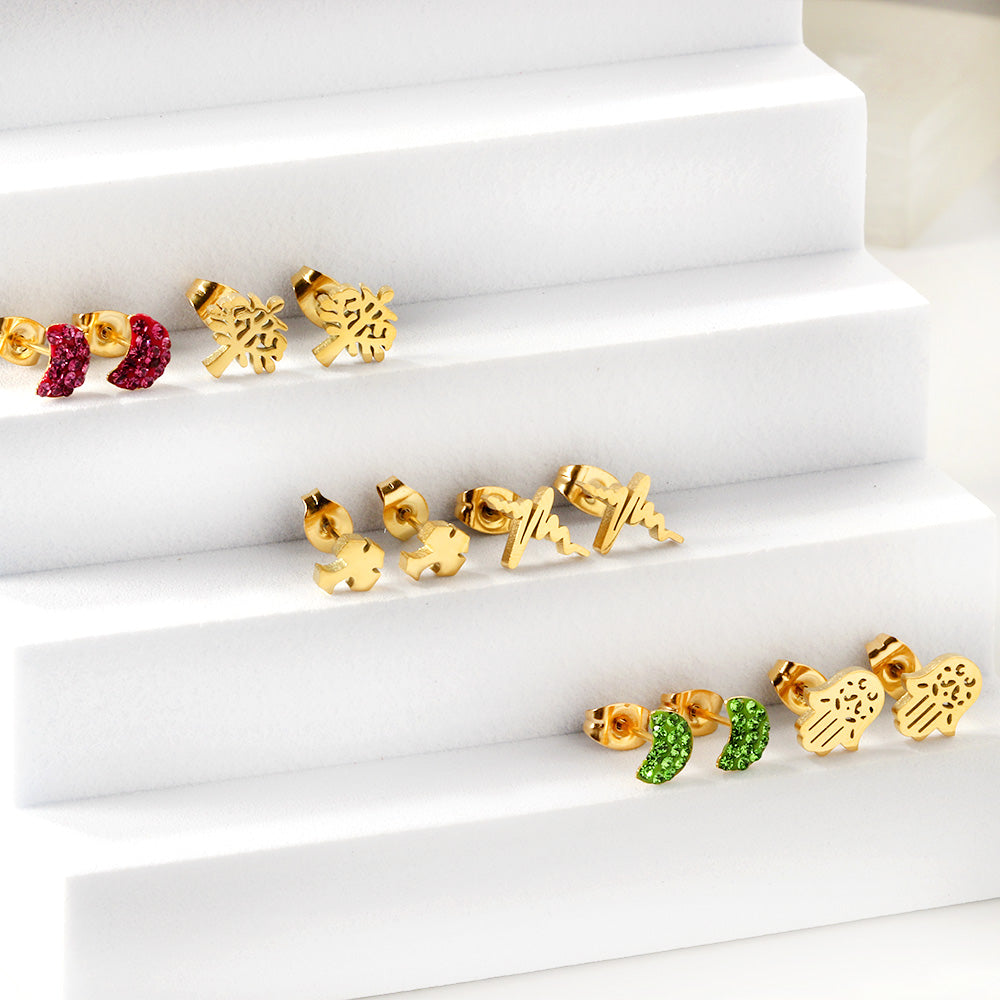 Six Pairs Mixed Snap Cut Current / Sticky White Clay Moon Stud Earrings gold color