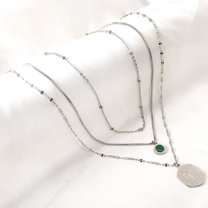 Enamel Girls Kids Jewelry Stainless Steel Hexagon Coconut Tree Wave Pattern + Diamond With Chain Round Green Shell Accessories + Chain Three Chains Necklace