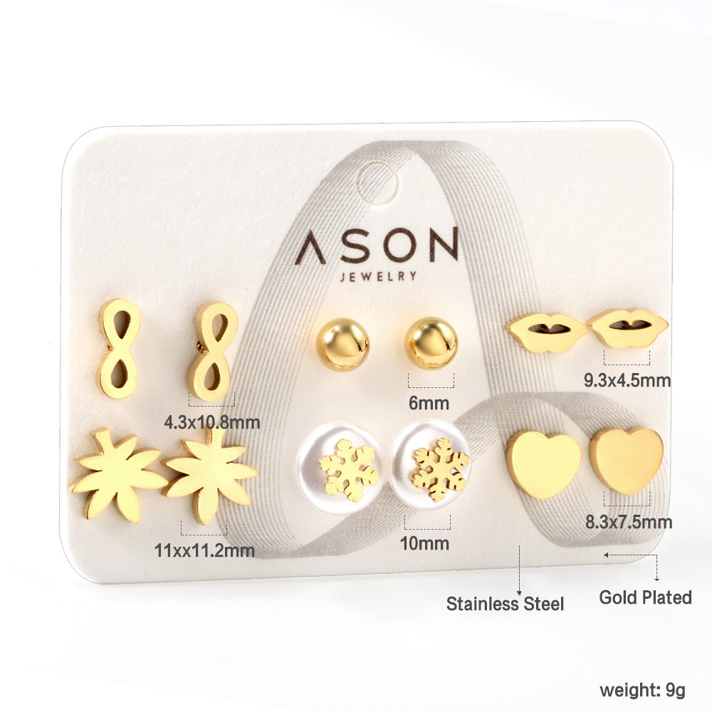 Six pairs of mixed card mounted cut glossy lips / maple leaf stud earrings gold color