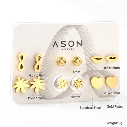 Six pairs of mixed card mounted cut glossy lips / maple leaf stud earrings gold color