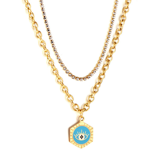Enamel Girls Kids Jewelry Stainless Steel Hexagon With Blue Drop Oil Eye Accessories + White Diamond With Chain Double Chain Necklace