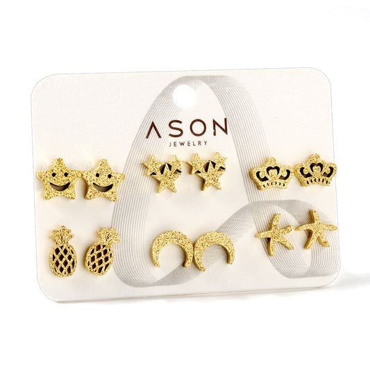 Six Pairs Mixed Snap Cut Frosted Pineapple / Starfish Stud Earrings Goldtone