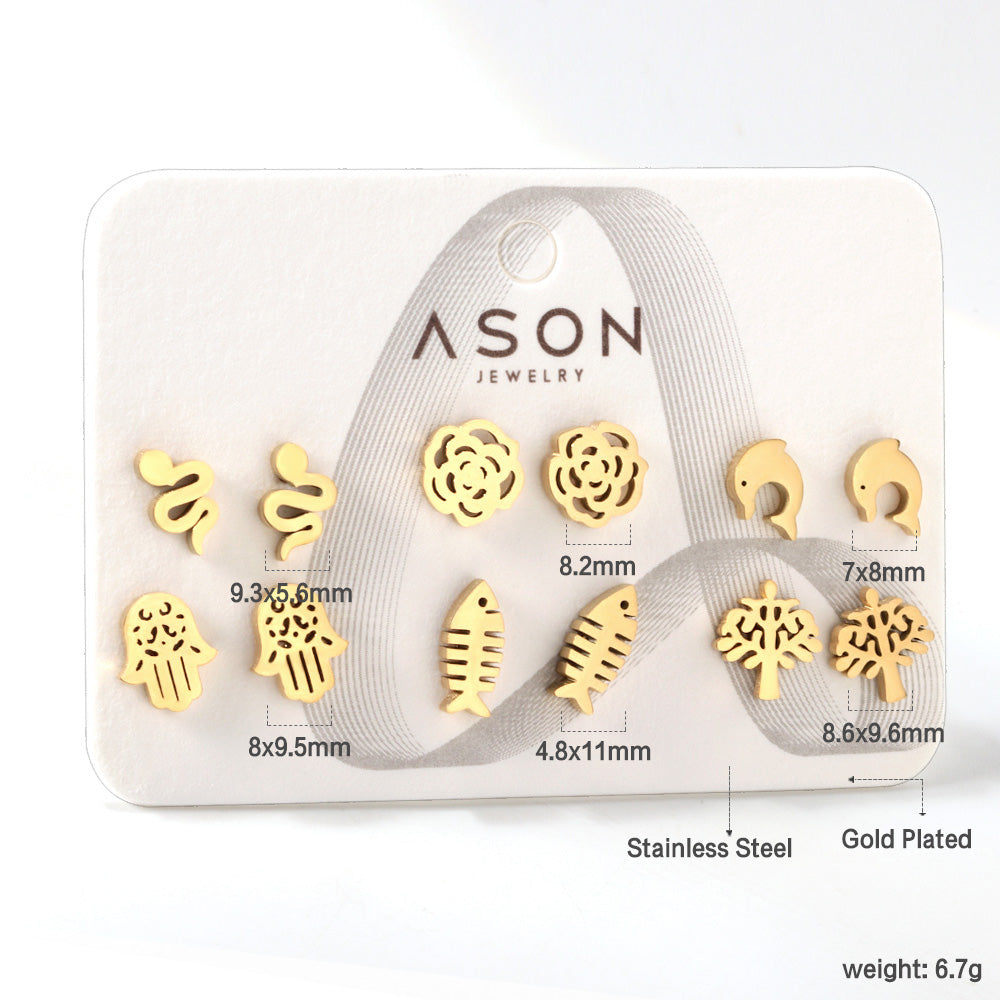 Six pairs of mixed card mounted cut-out fishbone / dolphin stud earrings gold color