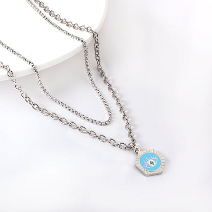 Enamel Girls Kids Jewelry Stainless Steel Hexagon With Blue Drop Oil Eye Accessories + White Diamond With Chain Double Chain Necklace