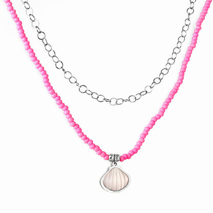 Girls Kids Stainless Steel Shell Accessories + Pink Beads Double Chain Necklace