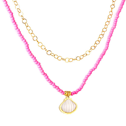 Girls Kids Stainless Steel Shell Accessories + Pink Beads Double Chain Necklace