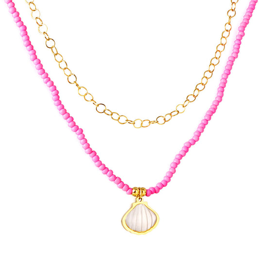Girls Kids Stainless Steel Shell Accessories + Pink Beads Double Chain Necklace