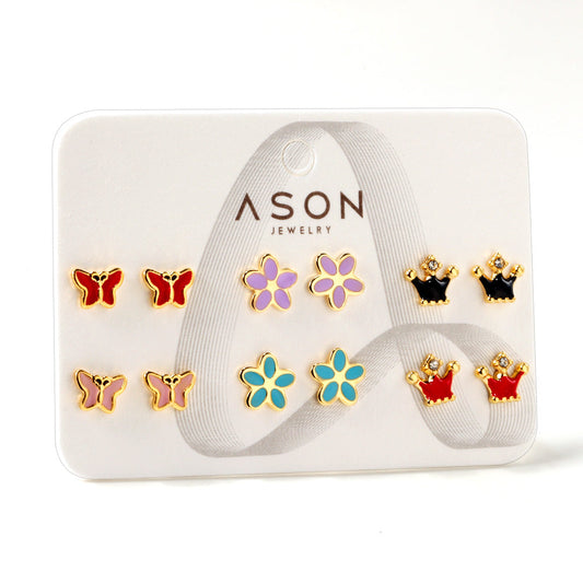 Six Pairs Mixed Card Cut Butterfly / Crown / Flower Stud Earrings Goldtone