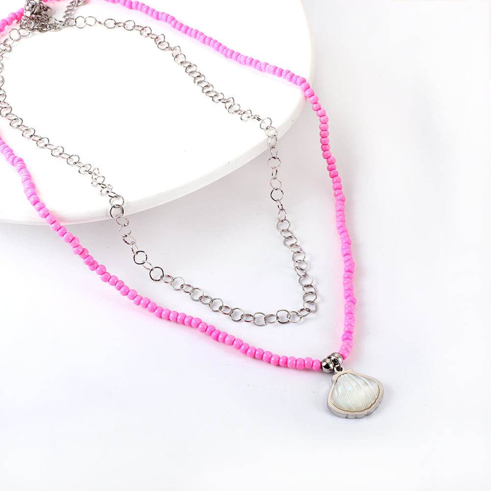 Girls Kids Stainless Steel Shell Accessories + Pink Beads Double Chain Necklace