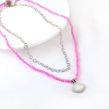 Girls Kids Stainless Steel Shell Accessories + Pink Beads Double Chain Necklace