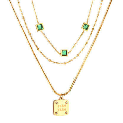 Girls Jewelry Stainless Steel Square Letter Accessories + Chain + 3 Square Green Diamond Three Chains Necklace