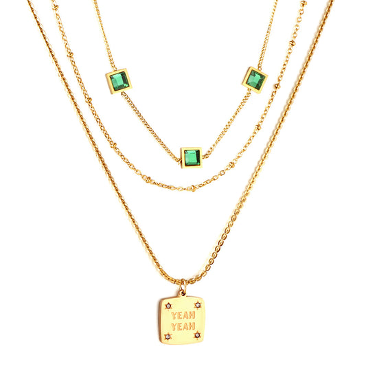 Girls Jewelry Stainless Steel Square Letter Accessories + Chain + 3 Square Green Diamond Three Chains Necklace