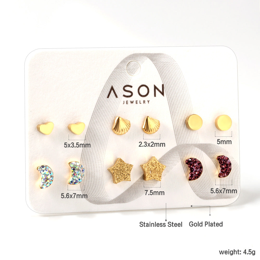 Six pairs of mixed mounted cut-out clay moon / shell stud earrings gold color