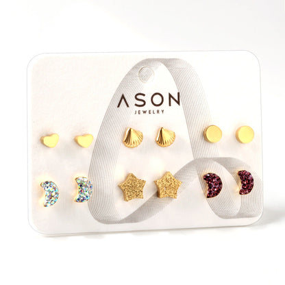 Six pairs of mixed mounted cut-out clay moon / shell stud earrings gold color