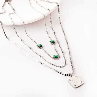Girls Jewelry Stainless Steel Square Letter Accessories + Chain + 3 Square Green Diamond Three Chains Necklace