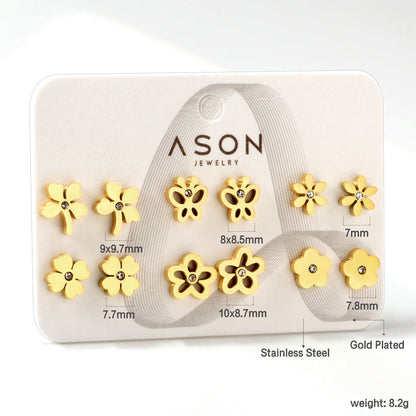 Six Pairs Mixed Card Cut Butterfly / Flower Stud Earrings Goldtone