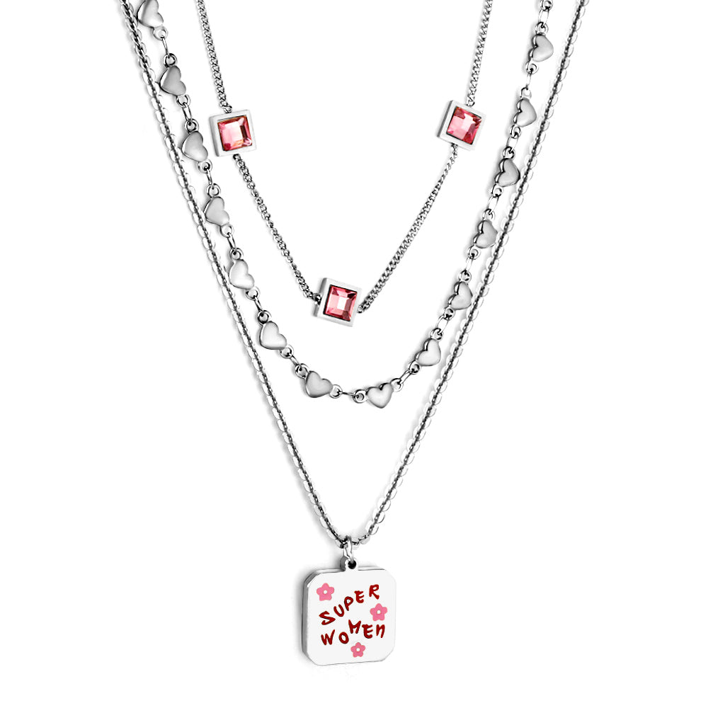 Enamel Girls Jewelry Stainless Steel Square Letter Accessories + Heart-Shaped Chain + 3 Square Pink Diamonds Three Chain Necklace