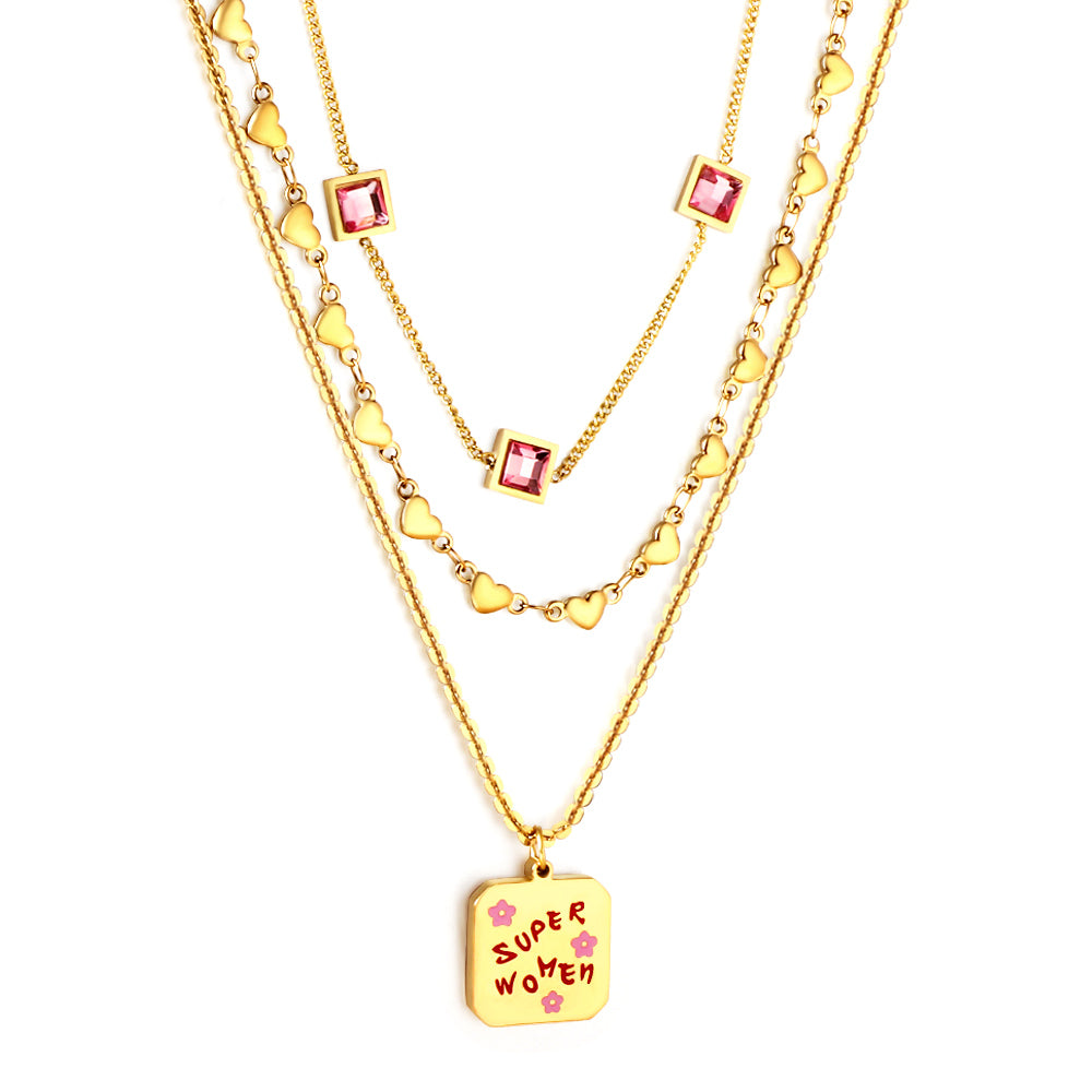 Enamel Girls Jewelry Stainless Steel Square Letter Accessories + Heart-Shaped Chain + 3 Square Pink Diamonds Three Chain Necklace