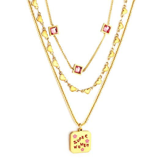 Enamel Girls Jewelry Stainless Steel Square Letter Accessories + Heart-Shaped Chain + 3 Square Pink Diamonds Three Chain Necklace