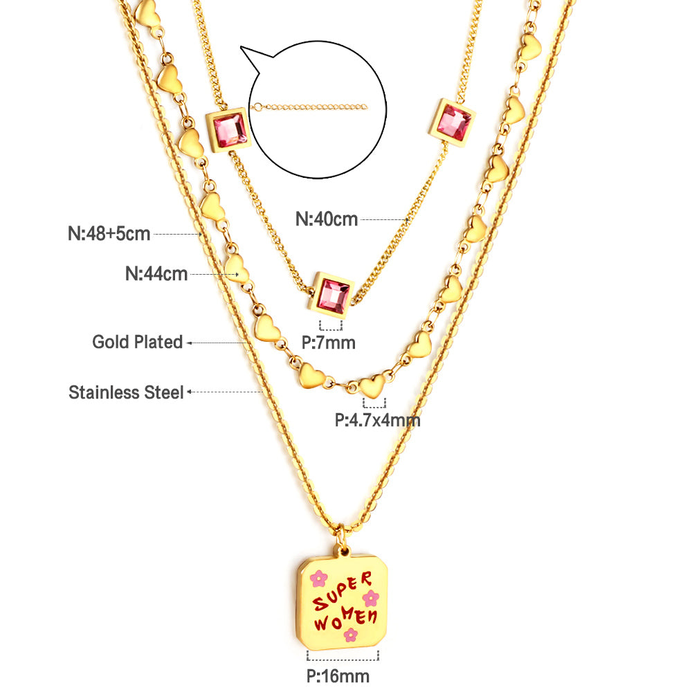 Enamel Girls Jewelry Stainless Steel Square Letter Accessories + Heart-Shaped Chain + 3 Square Pink Diamonds Three Chain Necklace