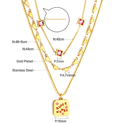 Enamel Girls Jewelry Stainless Steel Square Letter Accessories + Heart-Shaped Chain + 3 Square Pink Diamonds Three Chain Necklace