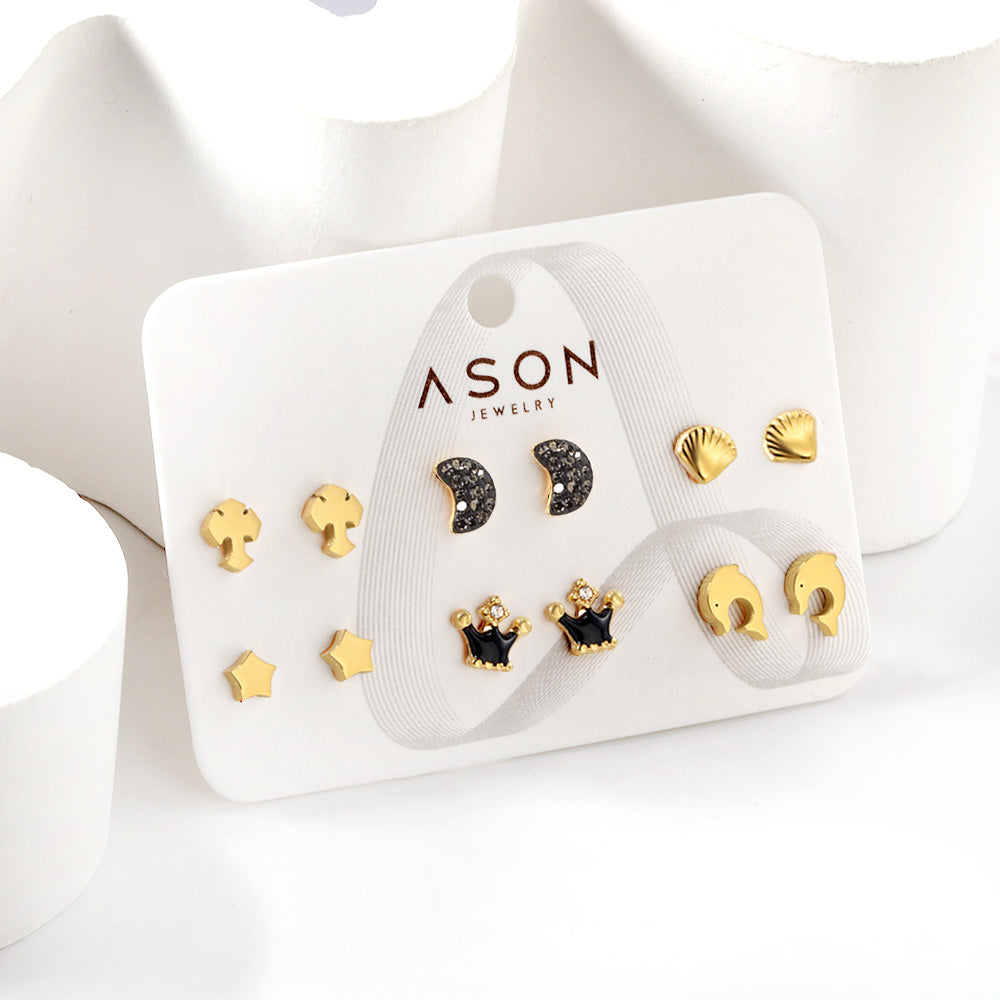 Six Pairs Mixed Card Cut Dolphin / Slime Moon / Crown Stud Earrings Gold