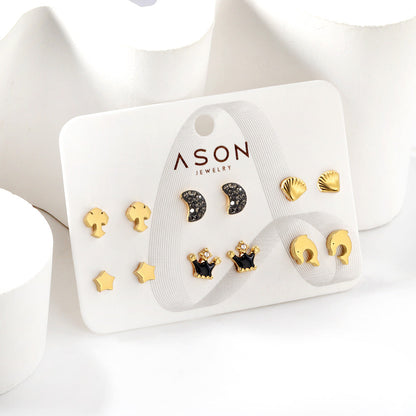 Six Pairs Mixed Card Cut Dolphin / Slime Moon / Crown Stud Earrings Gold