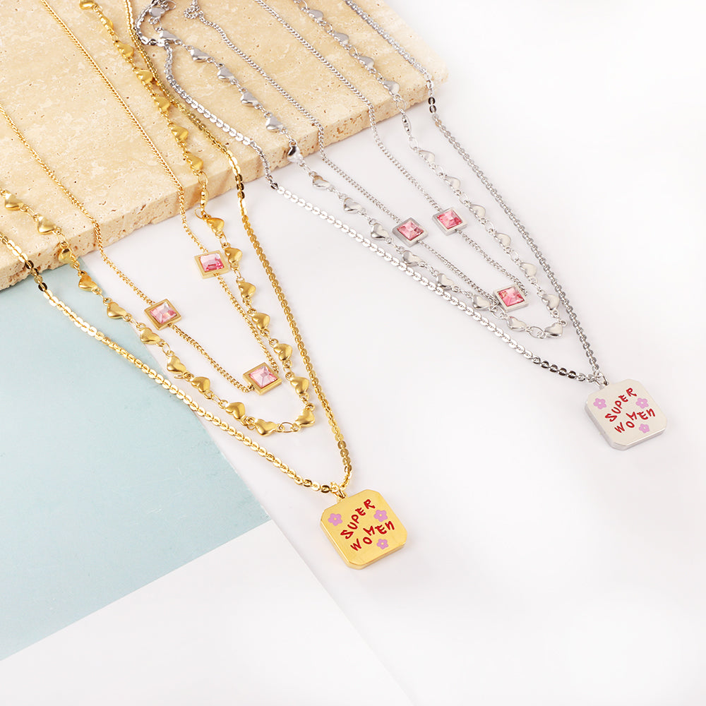 Enamel Girls Jewelry Stainless Steel Square Letter Accessories + Heart-Shaped Chain + 3 Square Pink Diamonds Three Chain Necklace