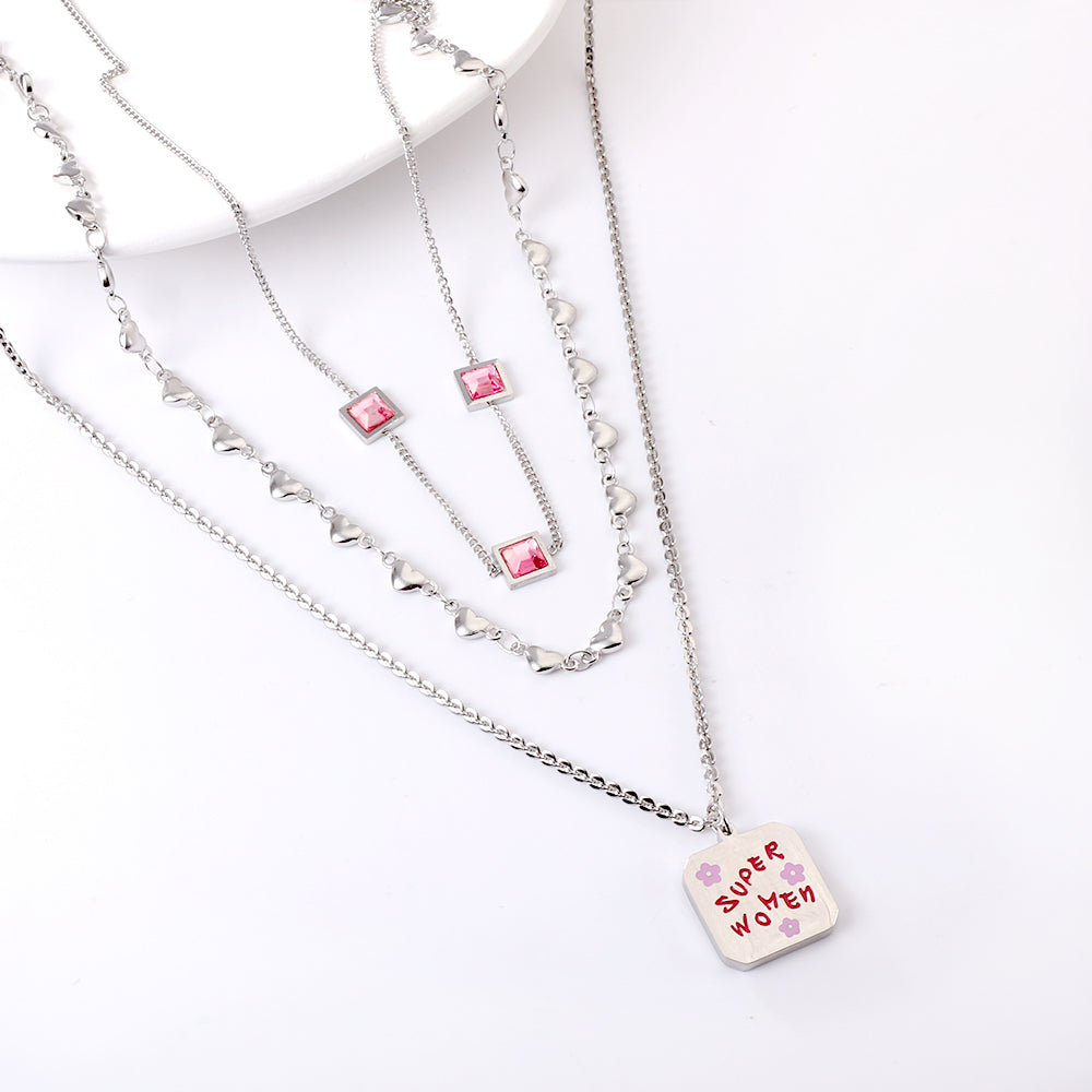 Enamel Girls Jewelry Stainless Steel Square Letter Accessories + Heart-Shaped Chain + 3 Square Pink Diamonds Three Chain Necklace