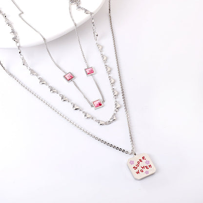 Enamel Girls Jewelry Stainless Steel Square Letter Accessories + Heart-Shaped Chain + 3 Square Pink Diamonds Three Chain Necklace