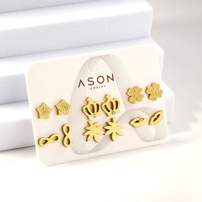 Six pairs of mixed card mounted cut-out frosted crown / lips stud earrings gold color