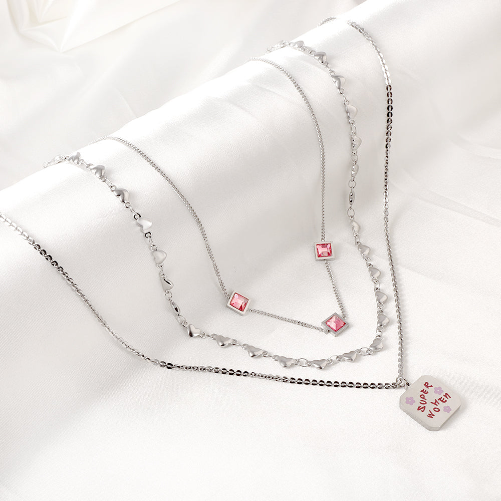 Enamel Girls Jewelry Stainless Steel Square Letter Accessories + Heart-Shaped Chain + 3 Square Pink Diamonds Three Chain Necklace