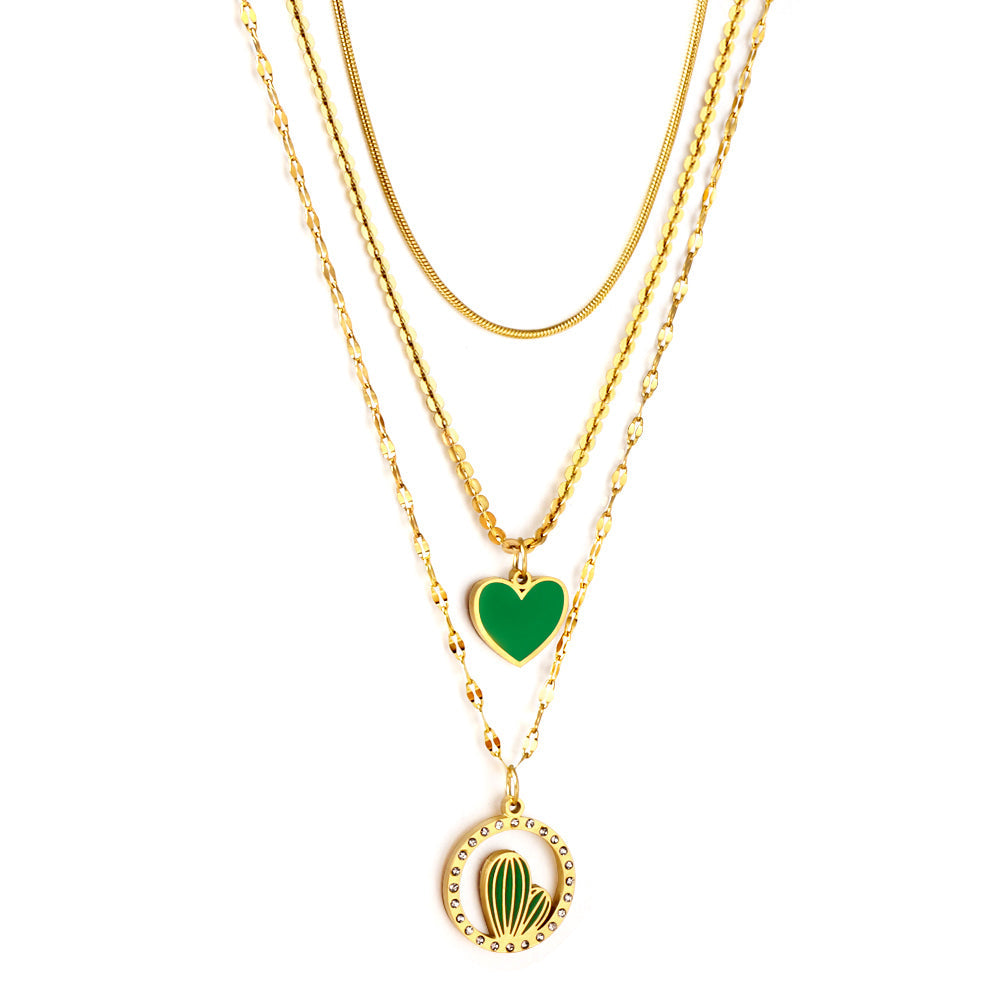 Enamel Girls Kids jewelry Stainless Steel Green Heart-shaped Accessories + Circle With Diamonds + Green Cactus Three Chain Necklace