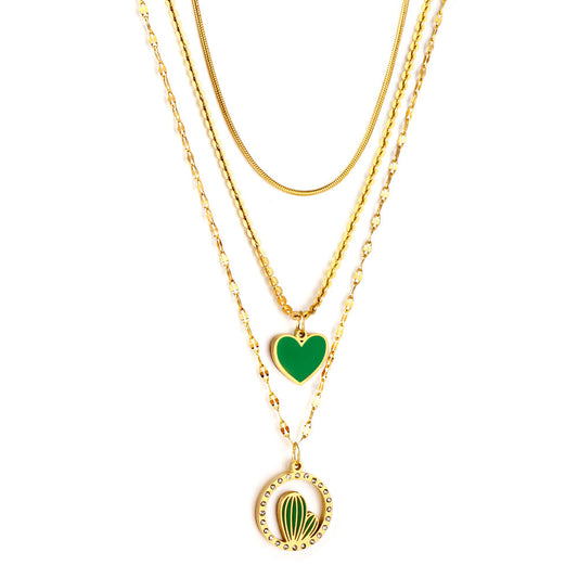 Enamel Girls Kids jewelry Stainless Steel Green Heart-shaped Accessories + Circle With Diamonds + Green Cactus Three Chain Necklace
