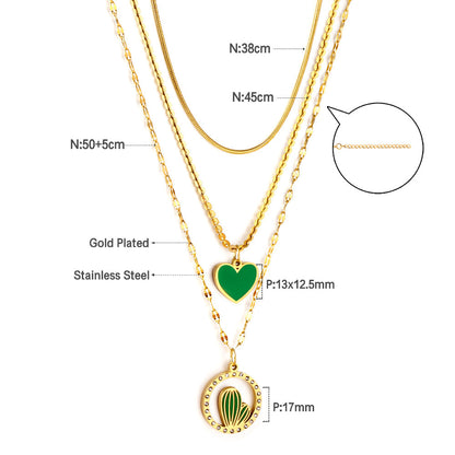 Enamel Girls Kids jewelry Stainless Steel Green Heart-shaped Accessories + Circle With Diamonds + Green Cactus Three Chain Necklace