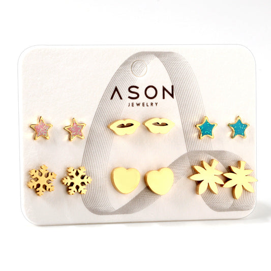 Six Pairs Mixed Card Mounted Cutout Snowflake / Maple Leaf Studs Gold