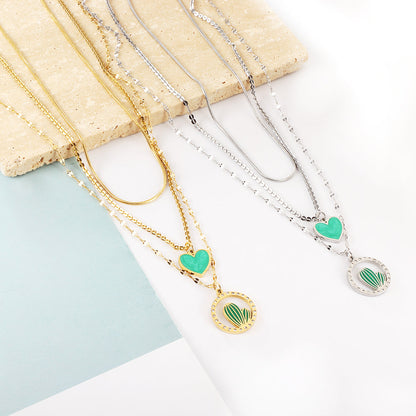 Enamel Girls Kids jewelry Stainless Steel Green Heart-shaped Accessories + Circle With Diamonds + Green Cactus Three Chain Necklace