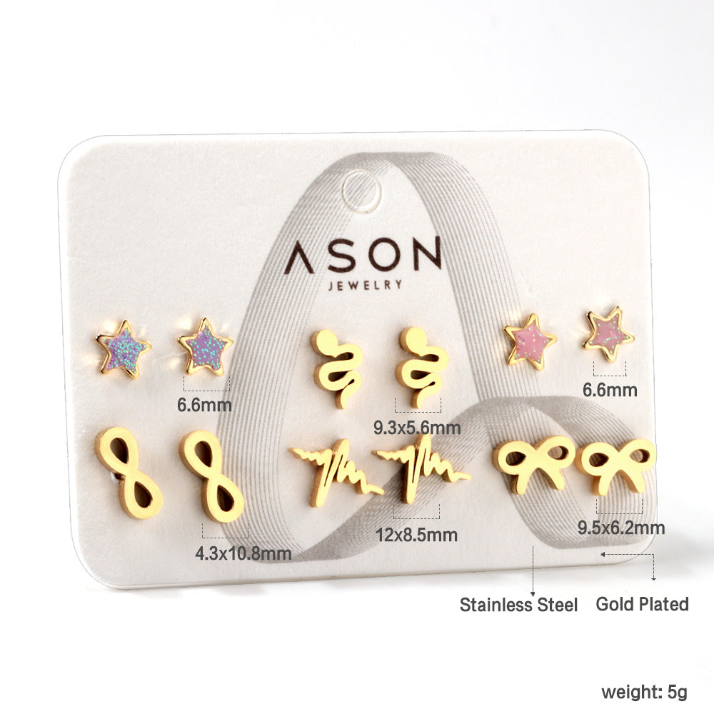 Six Pairs Mixed Snapback Cutout Current / Starfish Stud Earrings Gold