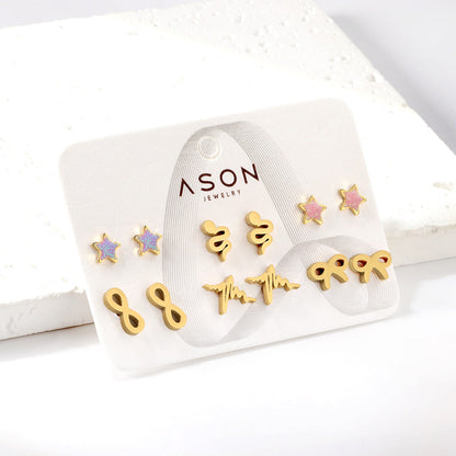 Six Pairs Mixed Snapback Cutout Current / Starfish Stud Earrings Gold