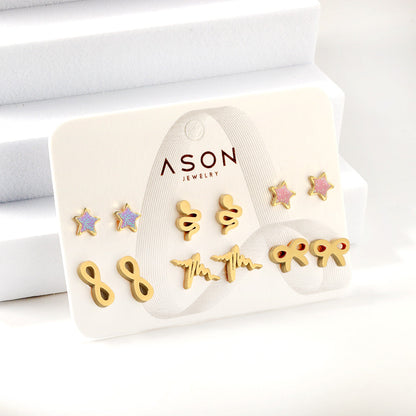 Six Pairs Mixed Snapback Cutout Current / Starfish Stud Earrings Gold