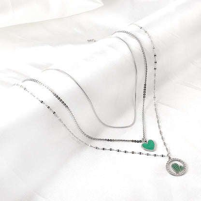 Enamel Girls Kids jewelry Stainless Steel Green Heart-shaped Accessories + Circle With Diamonds + Green Cactus Three Chain Necklace