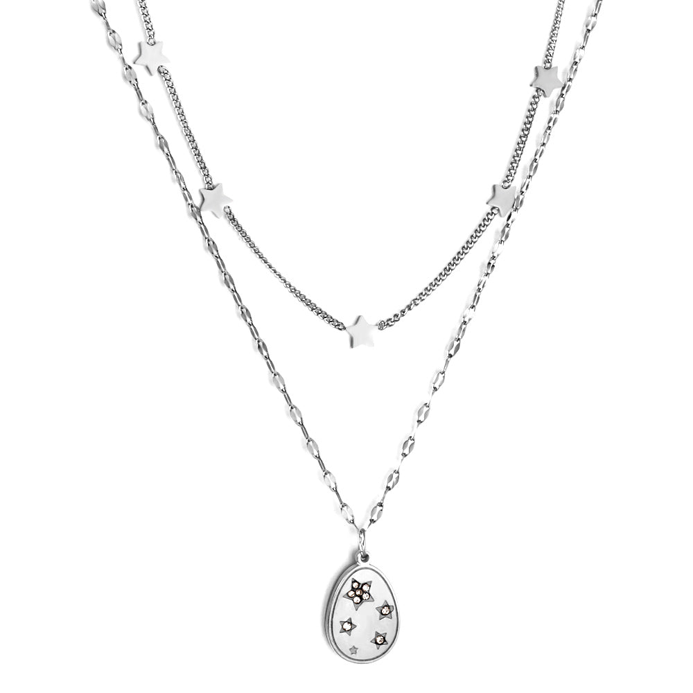 Girls Kids Stainless Steel 5 Stars Accessories + Oval with Diamond Pendant Double Chain Necklace