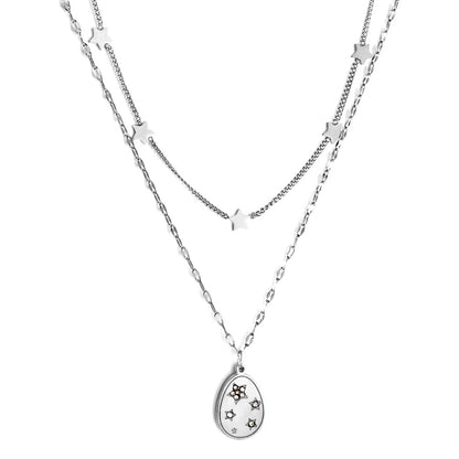 Girls Kids Stainless Steel 5 Stars Accessories + Oval with Diamond Pendant Double Chain Necklace