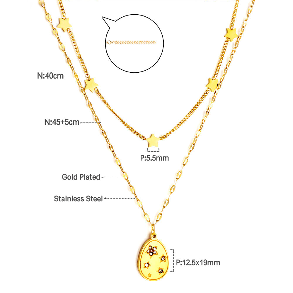 Girls Kids Stainless Steel 5 Stars Accessories + Oval with Diamond Pendant Double Chain Necklace