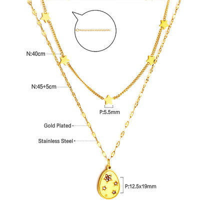 Girls Kids Stainless Steel 5 Stars Accessories + Oval with Diamond Pendant Double Chain Necklace