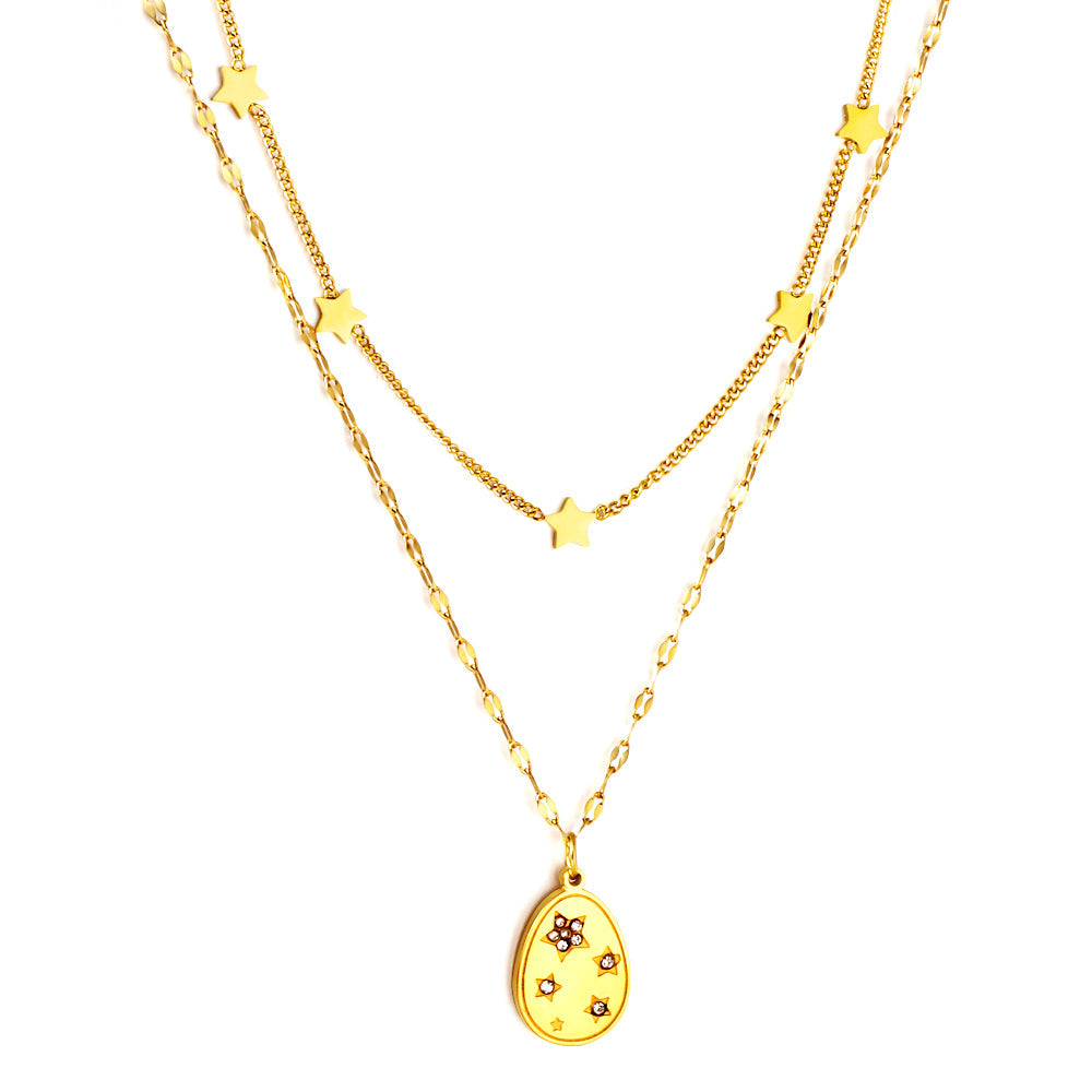 Girls Kids Stainless Steel 5 Stars Accessories + Oval with Diamond Pendant Double Chain Necklace