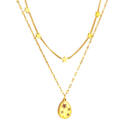 Girls Kids Stainless Steel 5 Stars Accessories + Oval with Diamond Pendant Double Chain Necklace