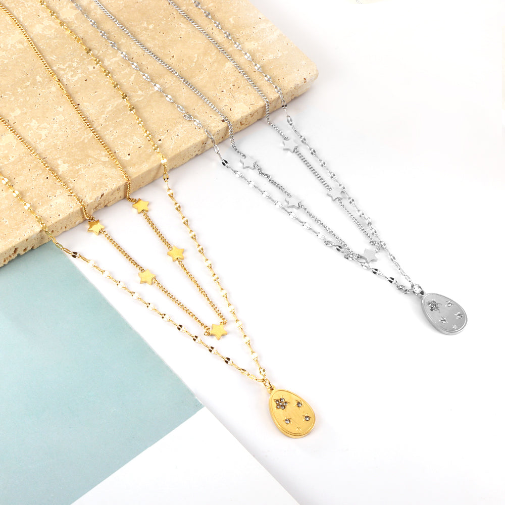 Girls Kids Stainless Steel 5 Stars Accessories + Oval with Diamond Pendant Double Chain Necklace