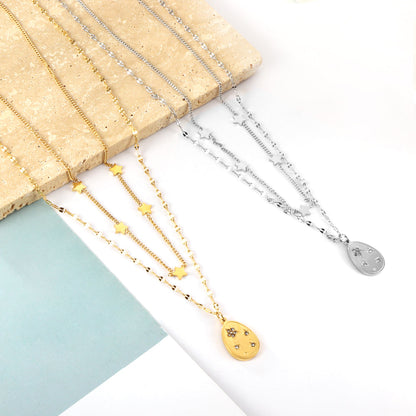 Girls Kids Stainless Steel 5 Stars Accessories + Oval with Diamond Pendant Double Chain Necklace