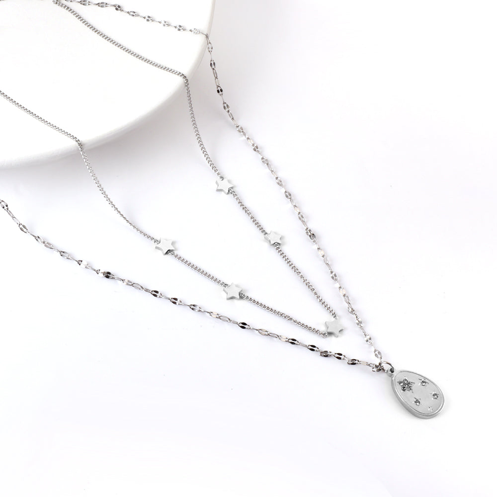 Girls Kids Stainless Steel 5 Stars Accessories + Oval with Diamond Pendant Double Chain Necklace